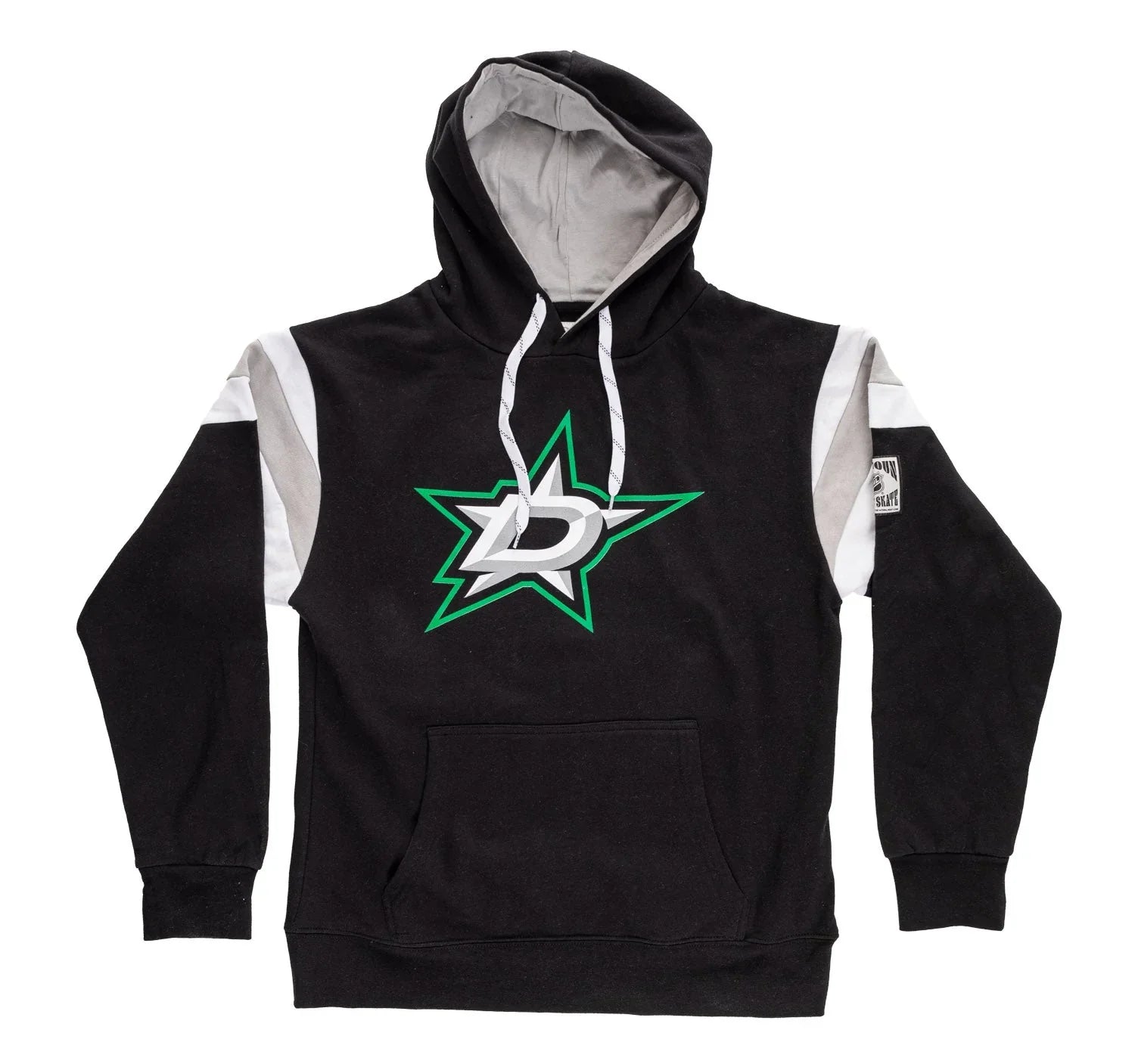 Black Dallas Stars varsity hoodie with green star logo and white-gray sleeve accents