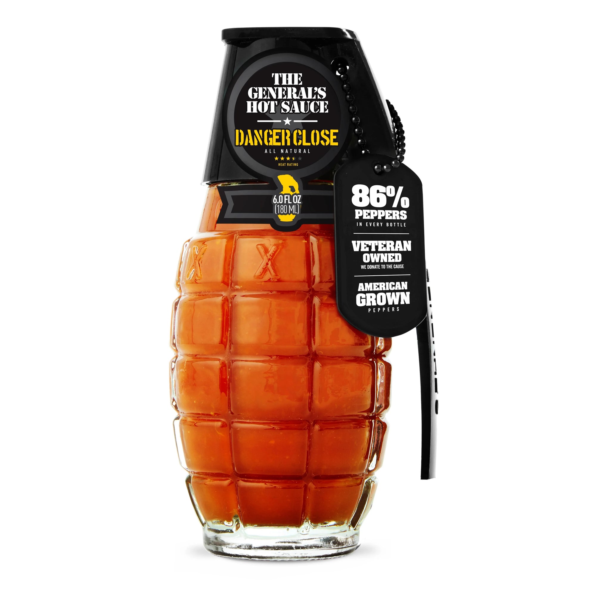 The General's Hot Sauce Danger Close in a grenade-shaped bottle with red sauce and product tags.