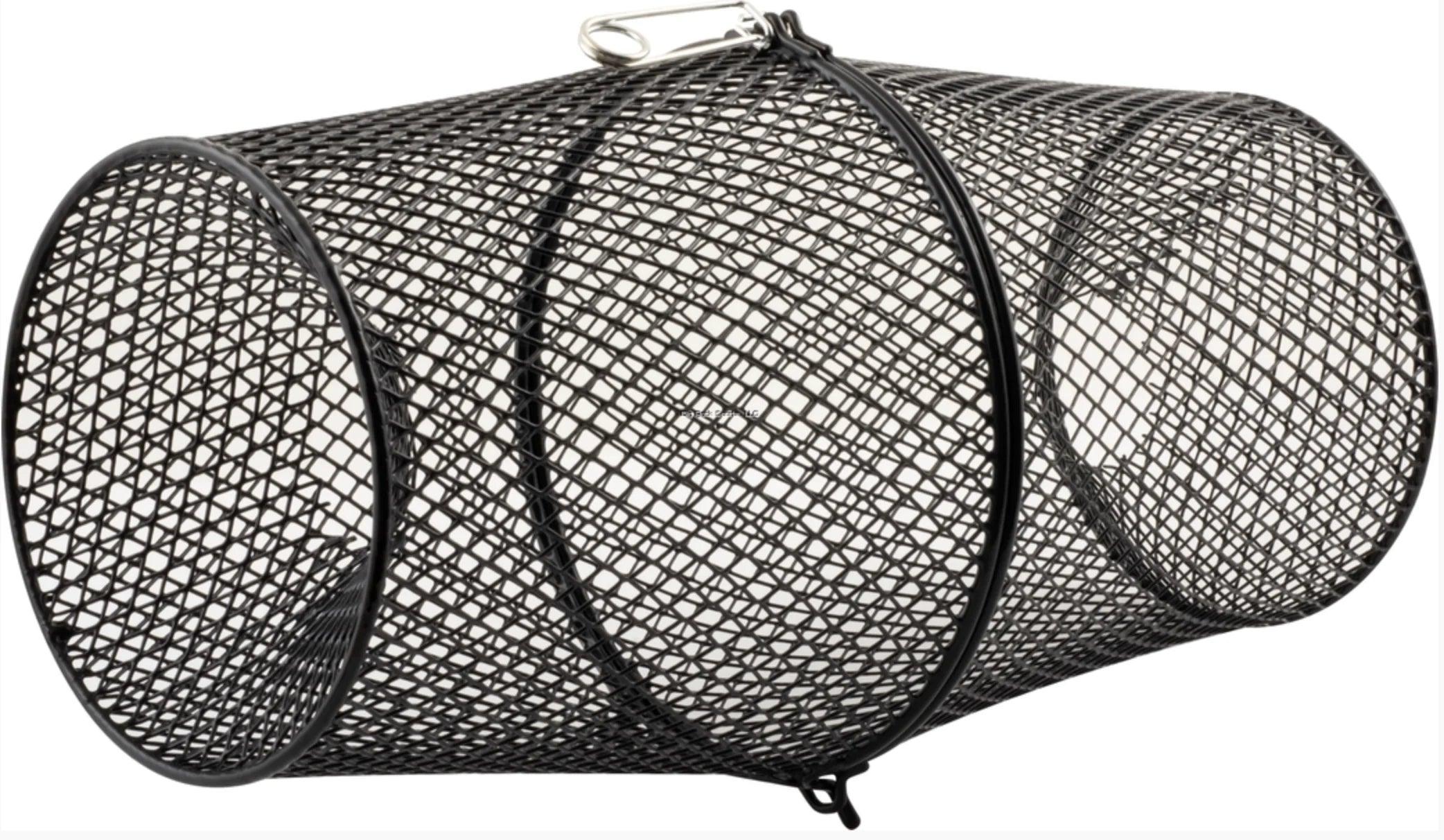 Black mesh Danielson MTWC vinyl crayfish trap with metal clasp on white background