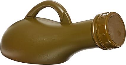 Brown portable plastic urinal bottle with handle and screw cap on white background