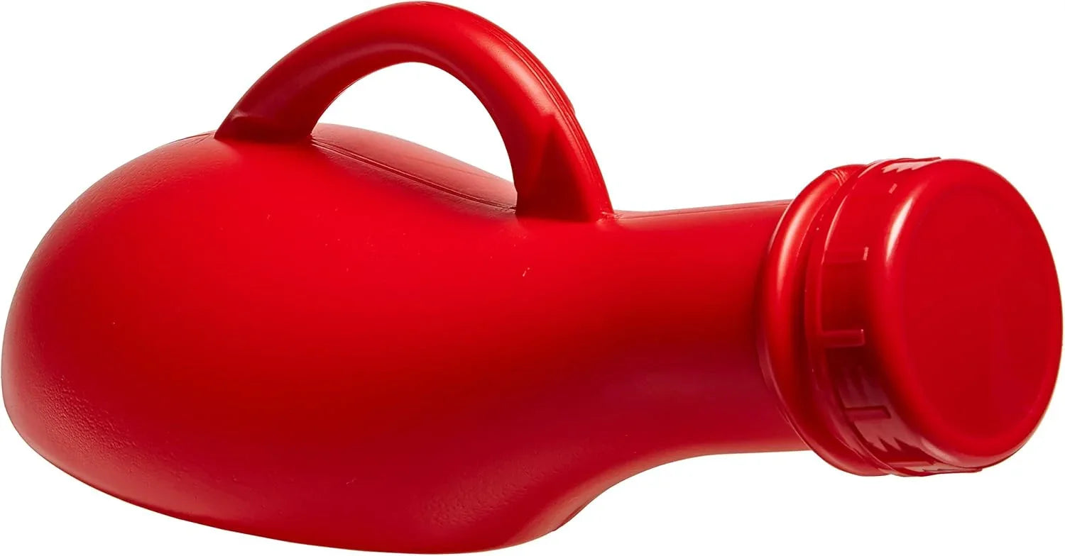 Red plastic portable urinal with handle and screw cap on white background