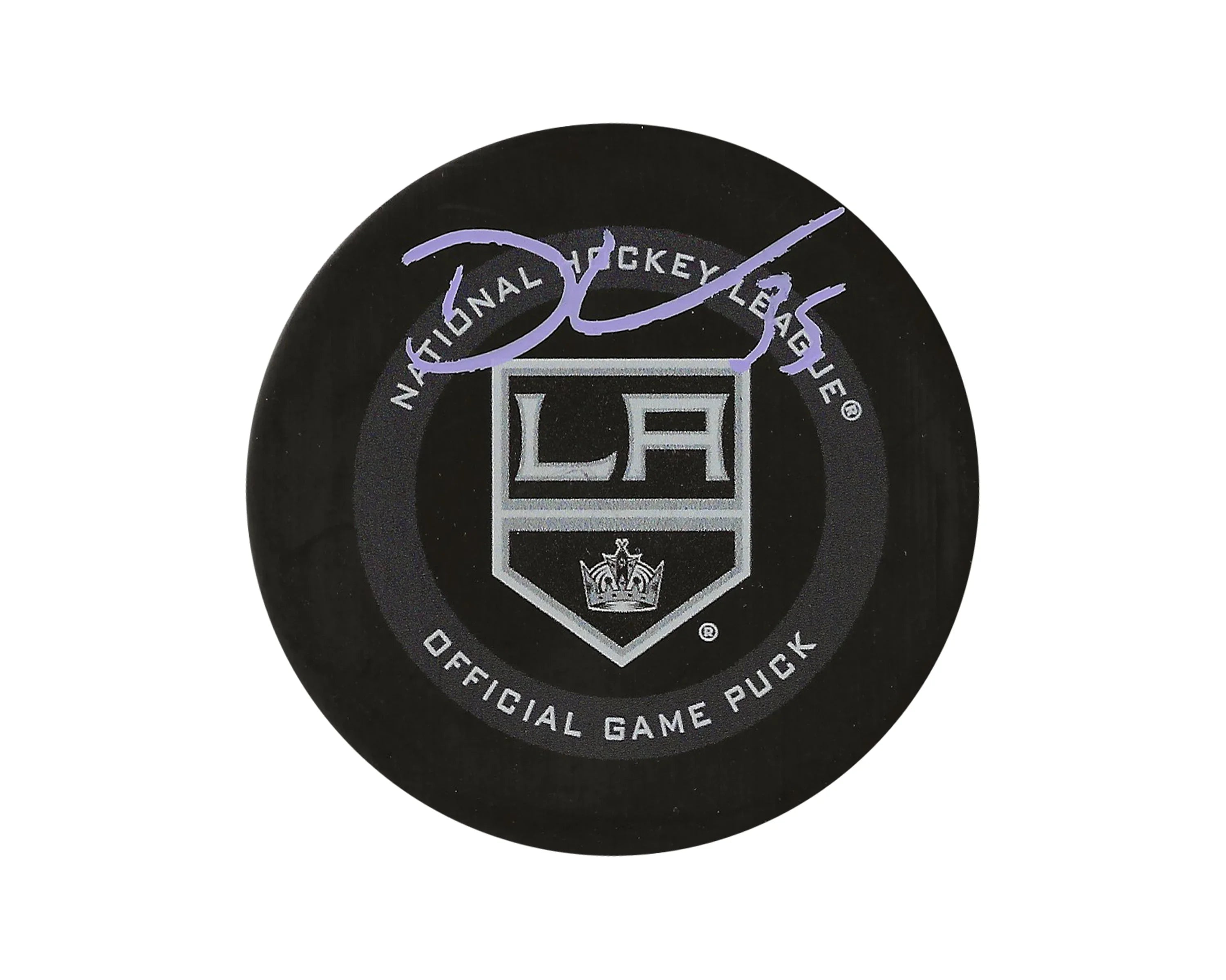 Autographed LA Kings NHL official game puck with team logo on white background