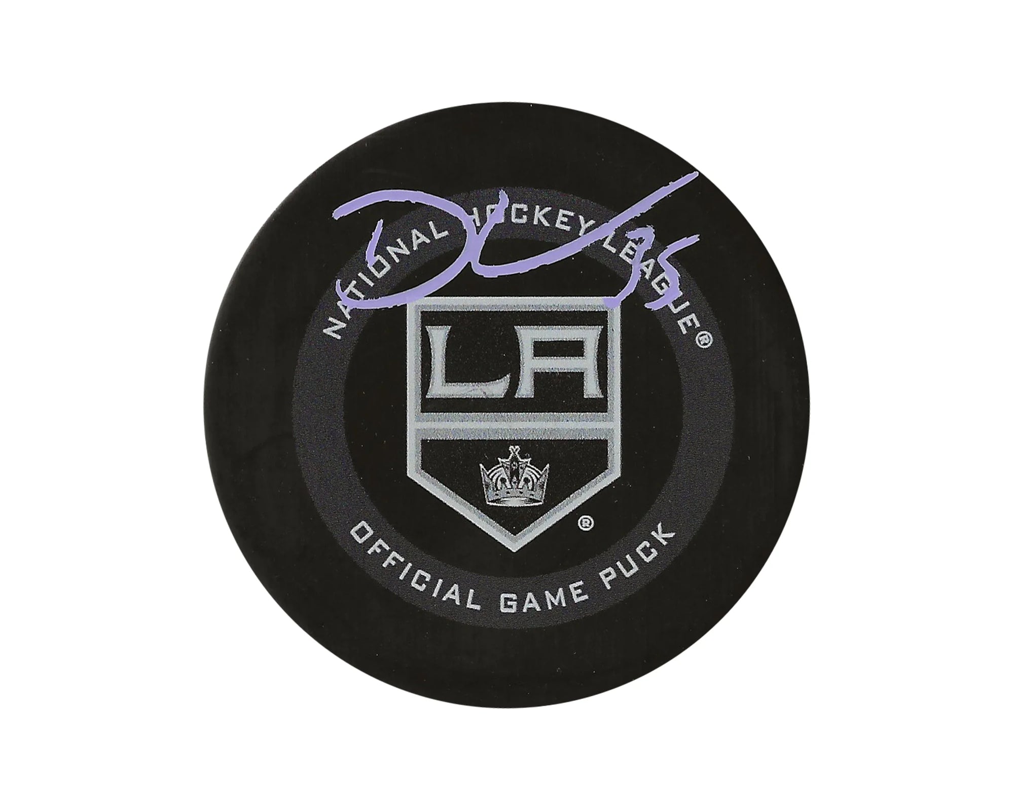 Autographed LA Kings NHL official game puck with team logo on white background