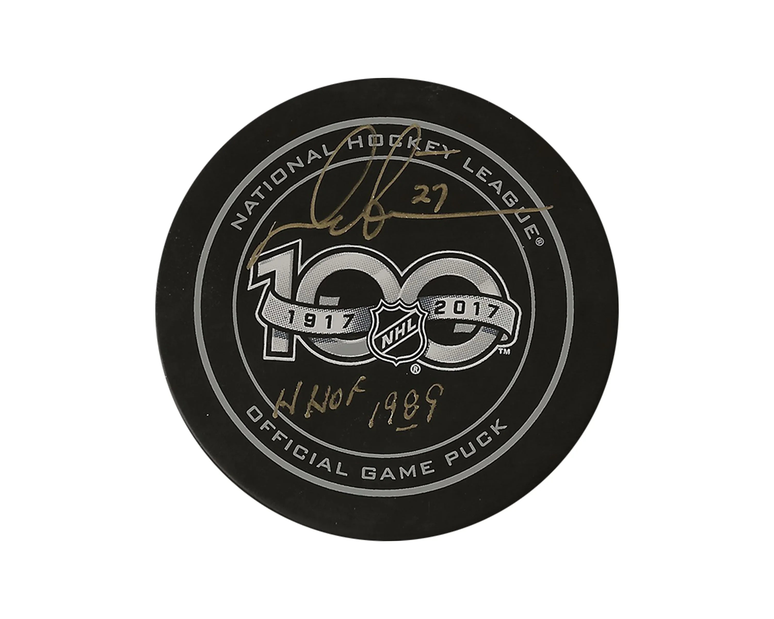 NHL 100th anniversary official game puck with gold autograph and Hall of Fame inscription