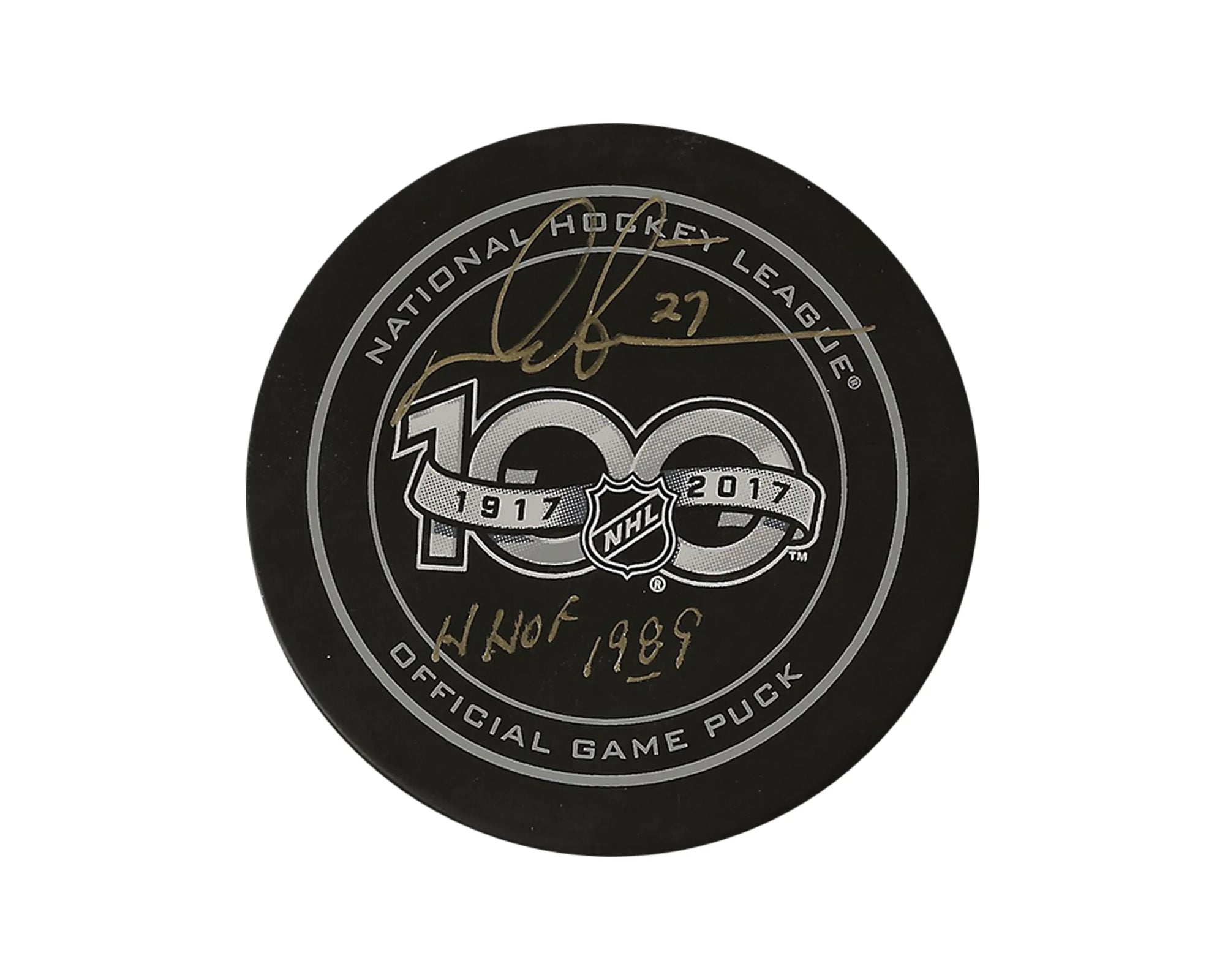 NHL 100th anniversary official game puck with gold autograph and Hall of Fame inscription