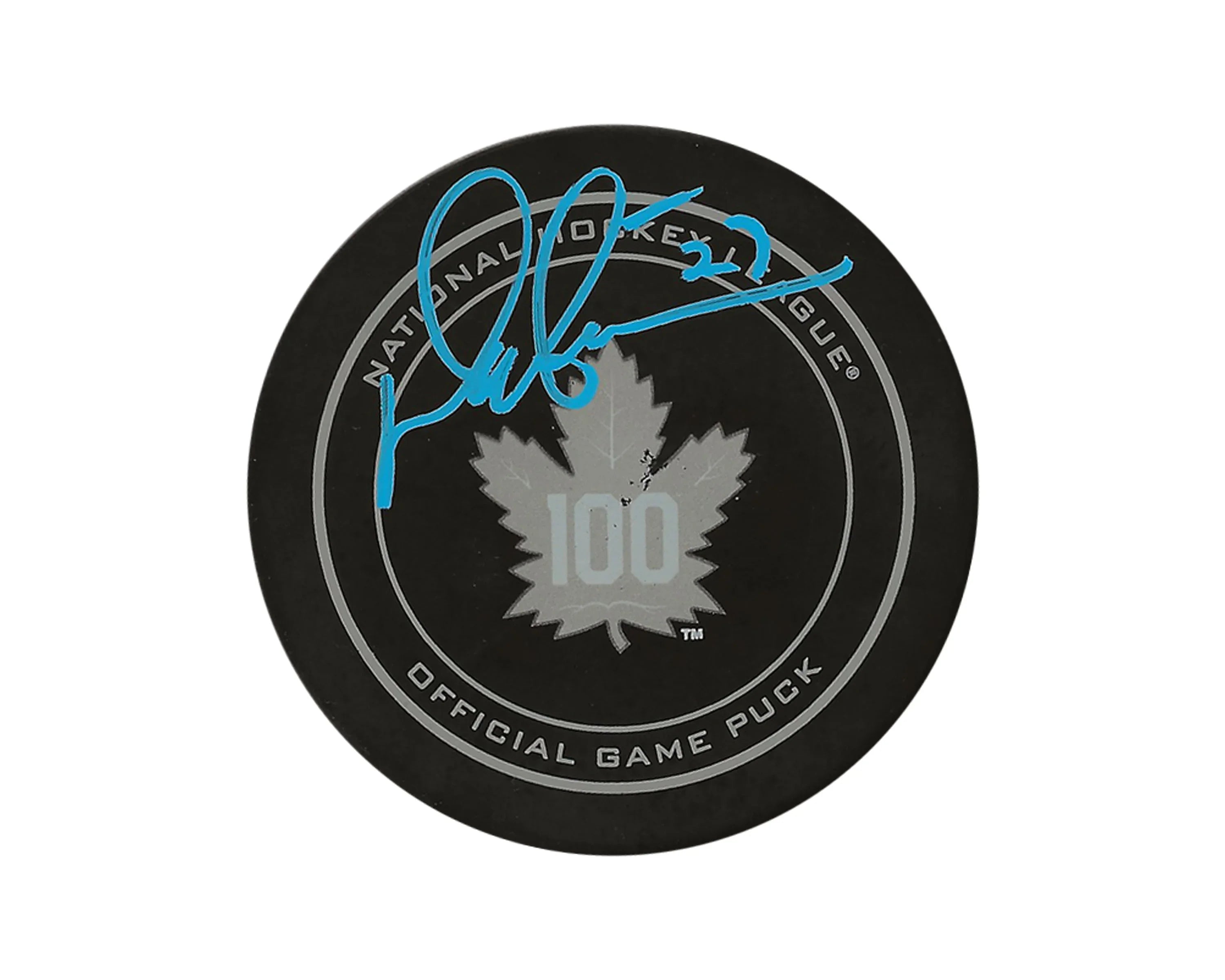 Toronto Maple Leafs 100th anniversary NHL official game puck with blue autograph