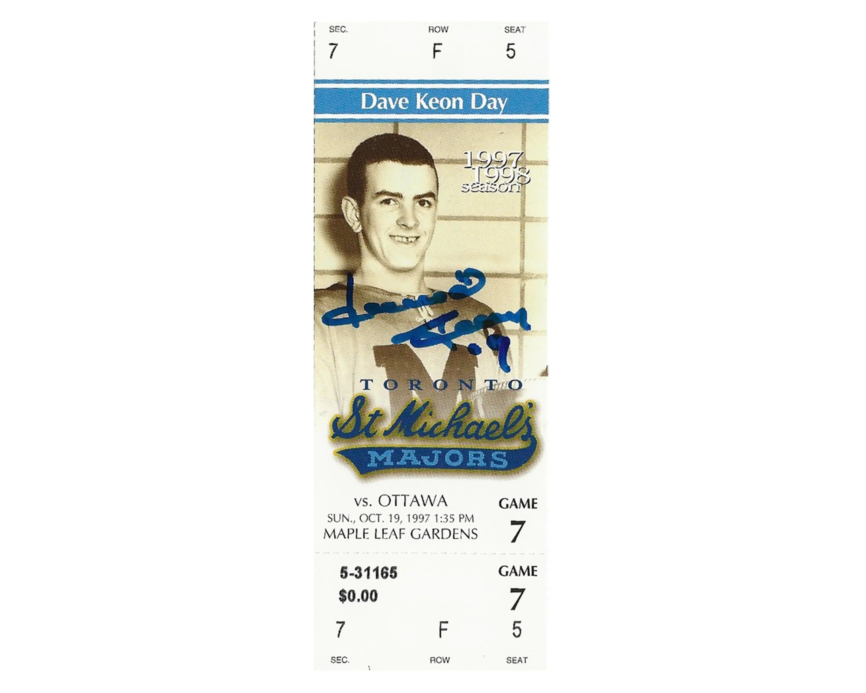 Toronto St. Michael's Majors Dave Keon Day hockey ticket, autographed, 1997-98 season