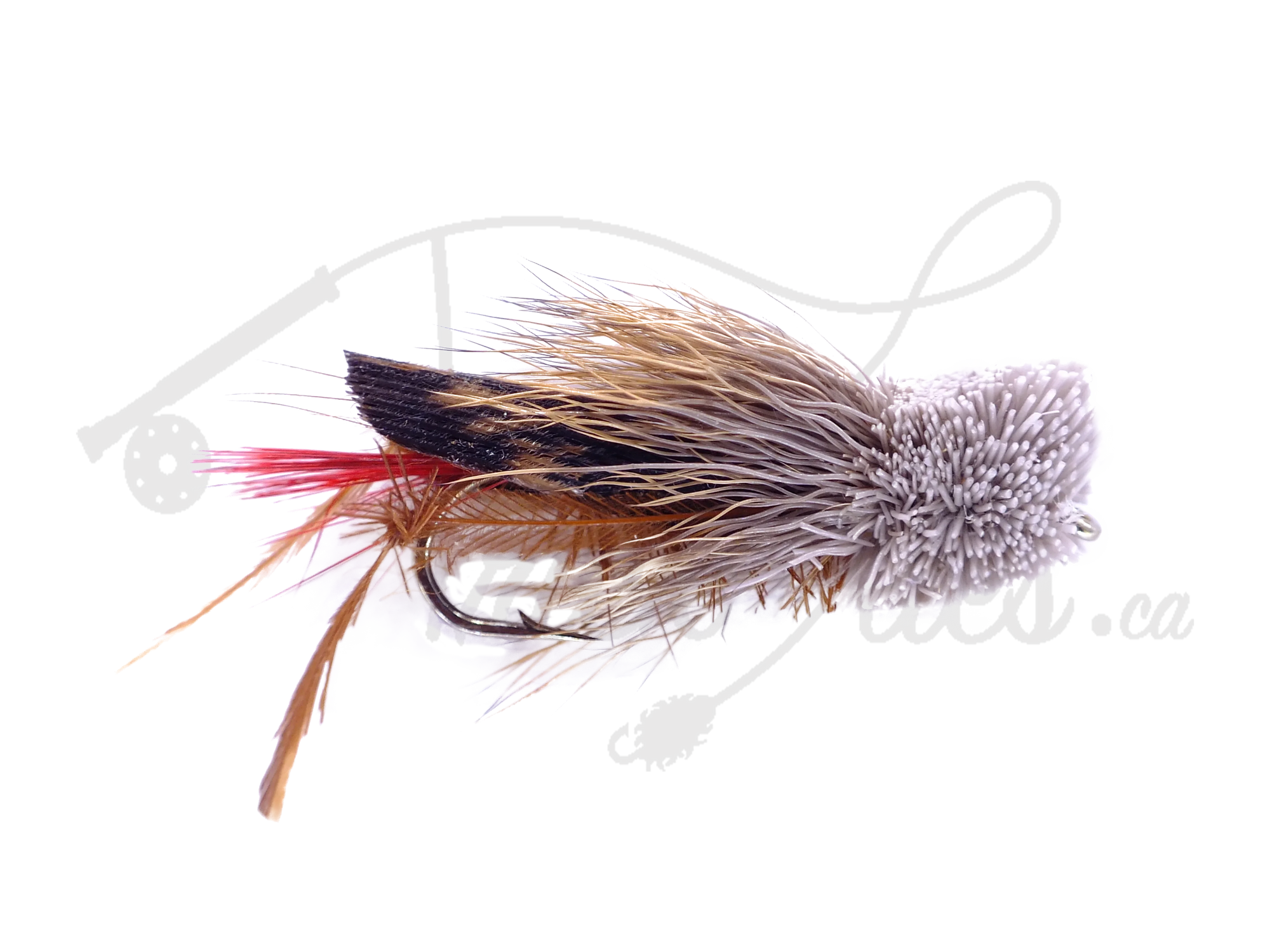 Dave's Hopper Brown fly fishing lure with brown, tan, and red materials on a hook