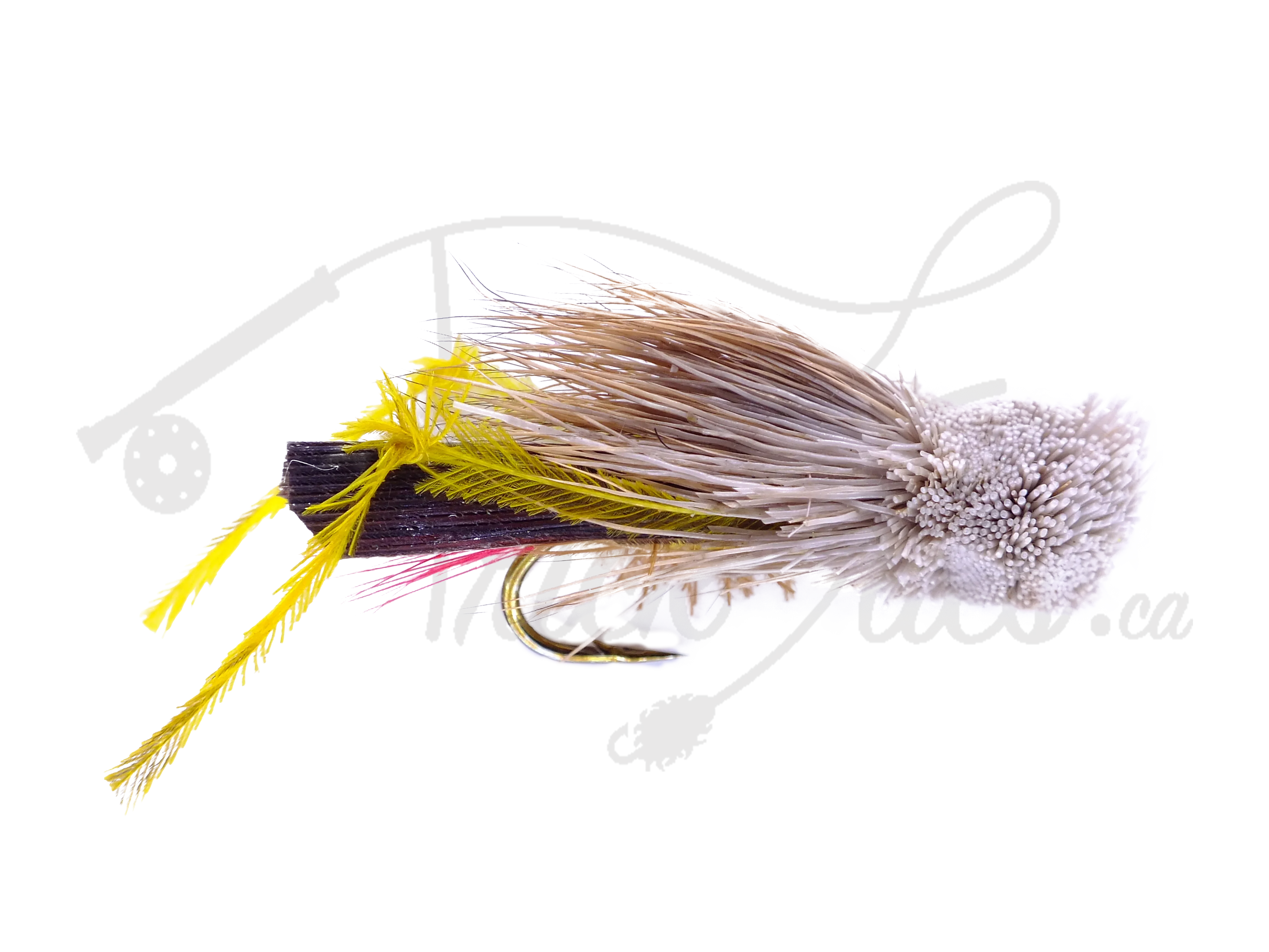 Dave's Hopper trout fly with yellow rubber legs, brown deer hair body, and textured head
