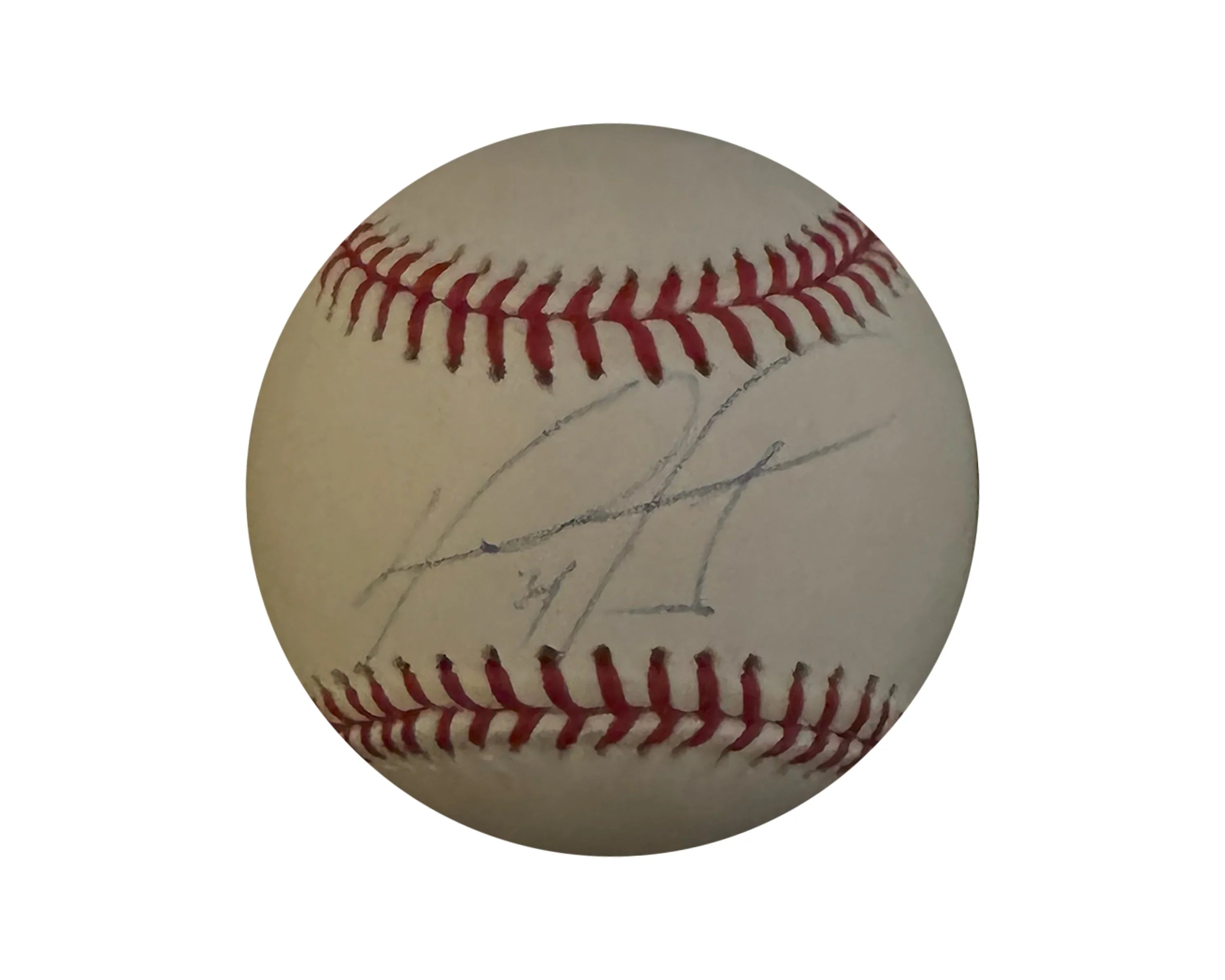 Autographed baseball with red stitching and signature on white leather
