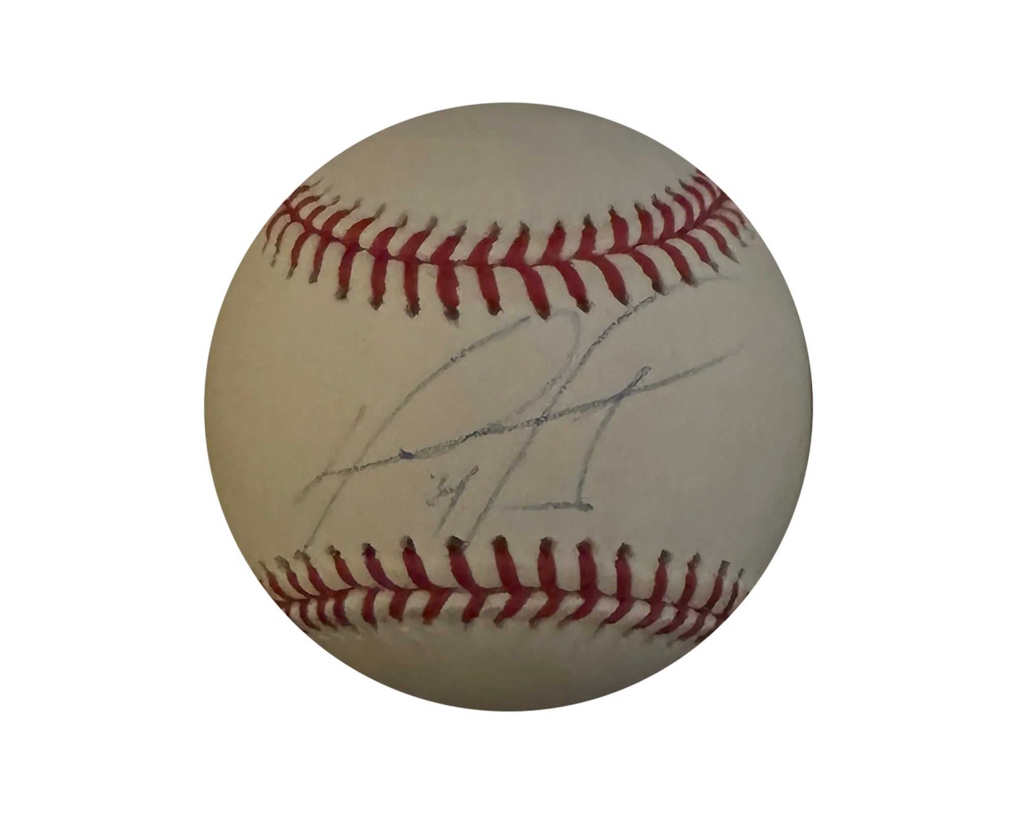 Autographed baseball with red stitching and signature on white leather