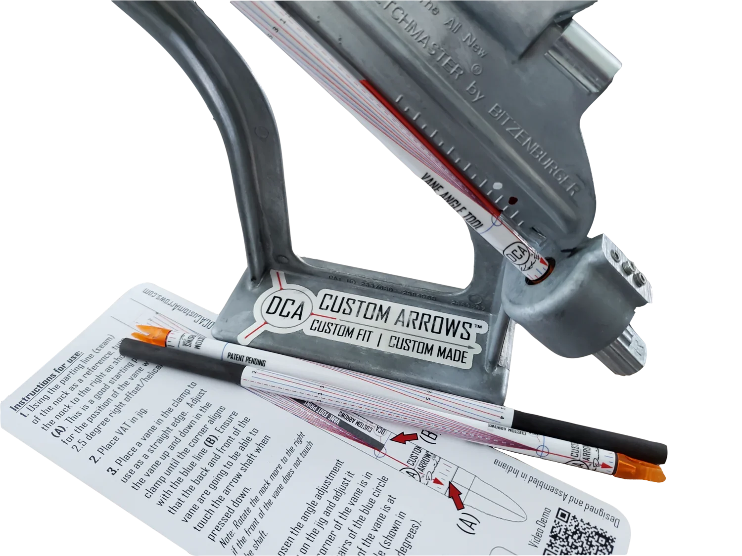 Arrow fletching jig with custom arrows, assembly instructions, and orange vanes