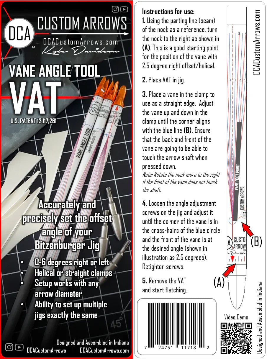 DCA Custom Arrows Vane Angle Tool VAT with arrows, vanes, and instruction guide for Bitzenburger Jig setup