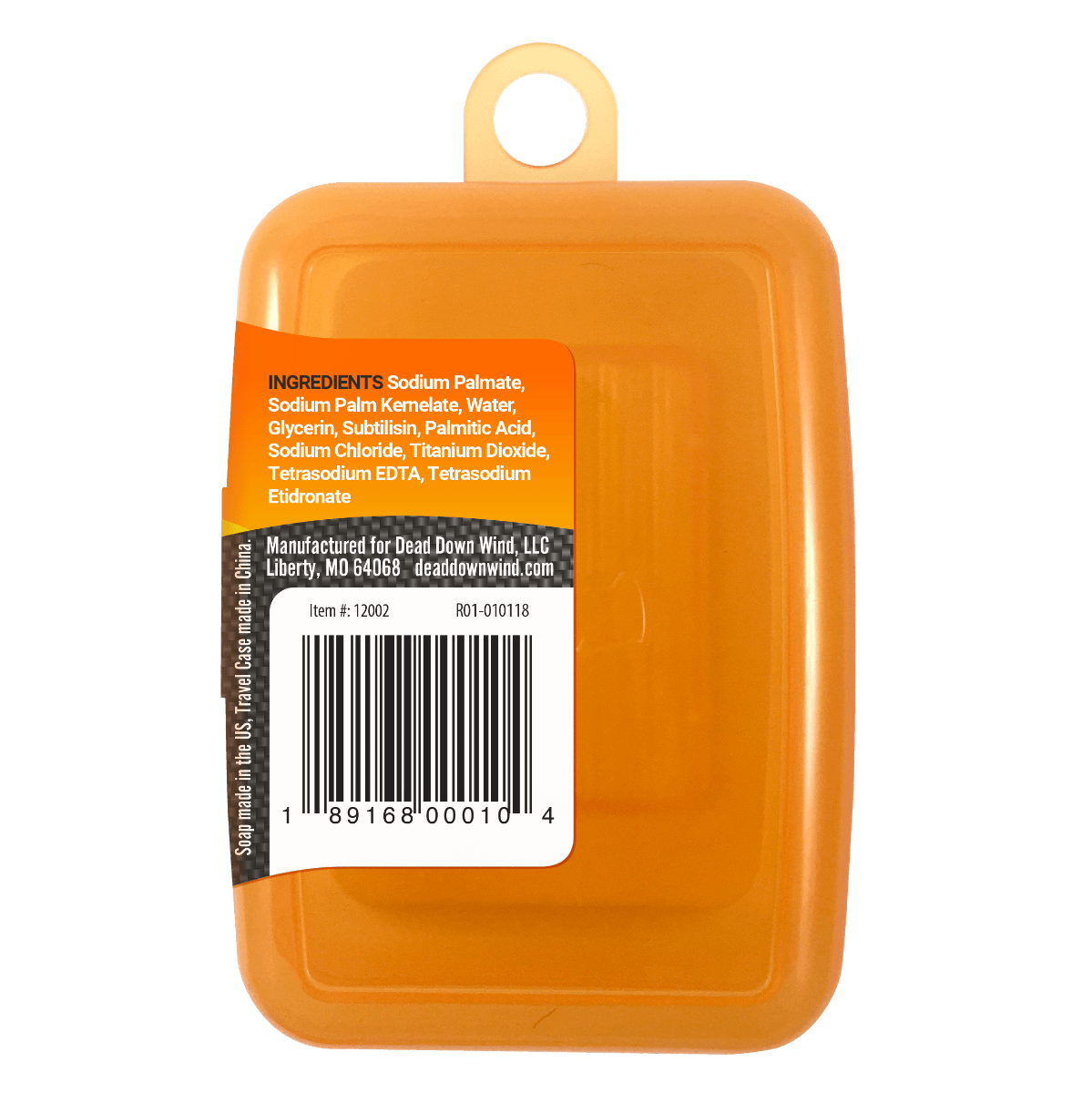 Back of orange soap travel case with ingredients label and barcode visible