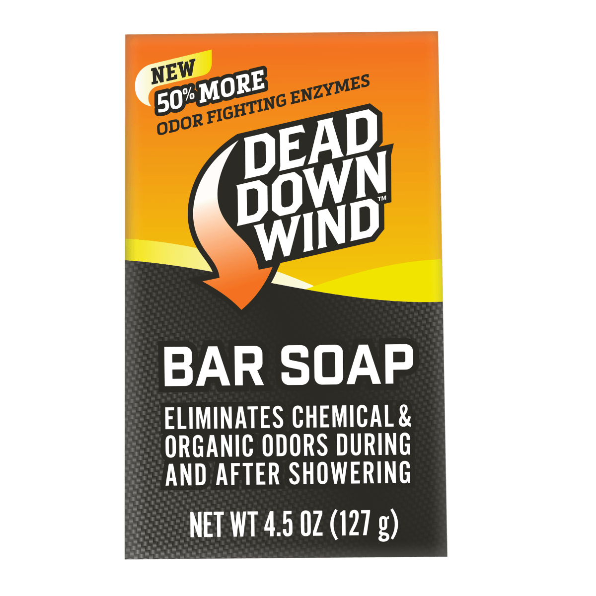 Dead Down Wind bar soap packaging with odor eliminating enzymes, 4.5 oz size