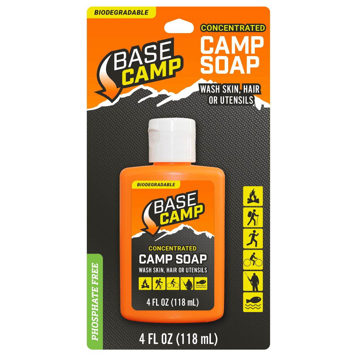 Base Camp concentrated camp soap in orange biodegradable bottle, 4 fl oz, for skin, hair, utensils.
