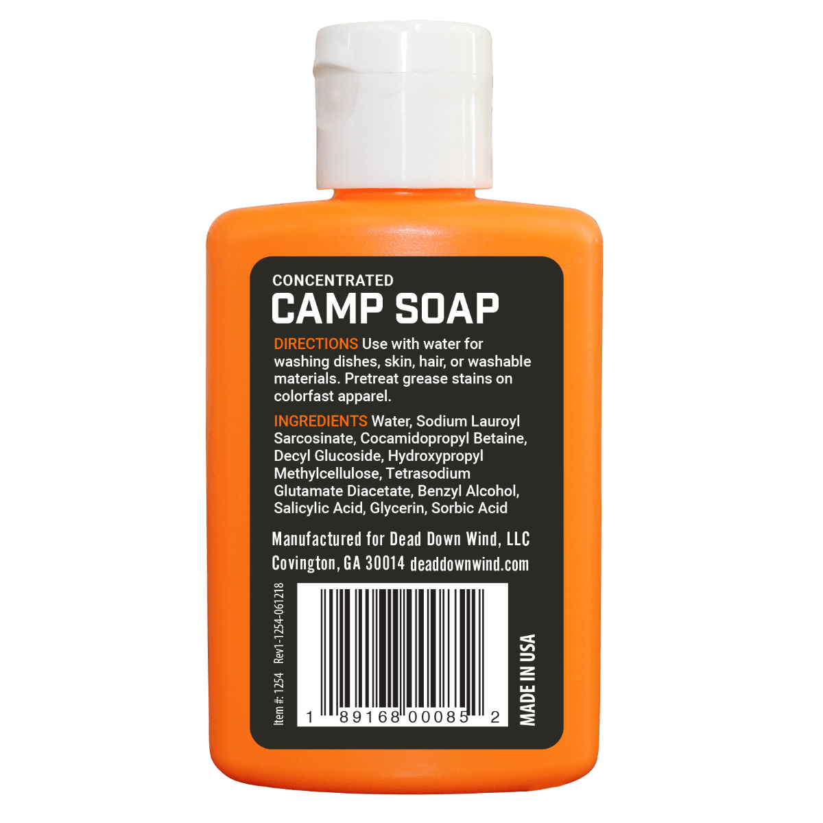 Back label of orange concentrated camp soap bottle with usage directions and ingredients.