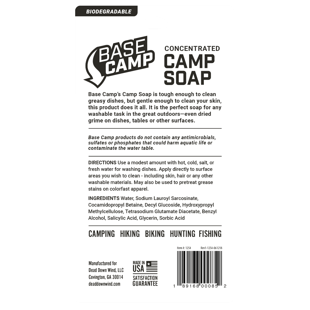 Base Camp concentrated camp soap packaging with biodegradable label and usage directions