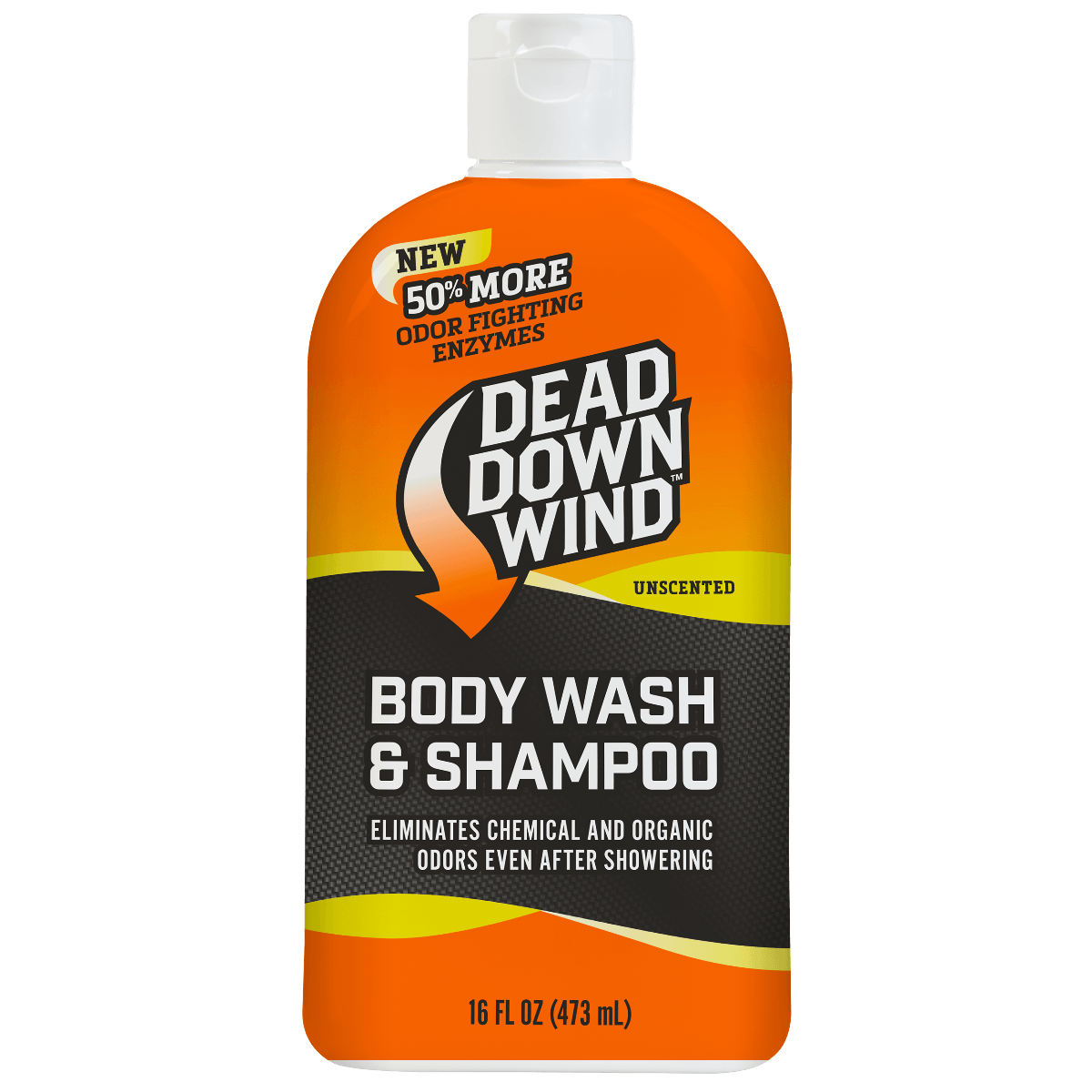 Dead Down Wind Body Wash & Shampoo bottle, 16 fl oz, orange label, unscented odor eliminator