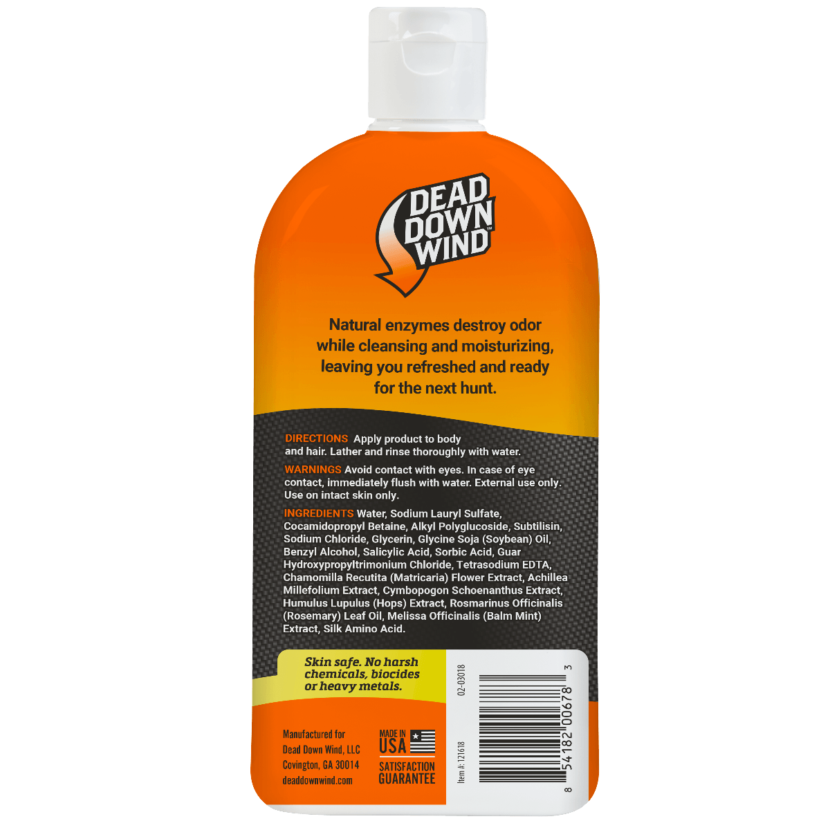 Back of Dead Down Wind body and hair wash bottle with product directions and ingredients.