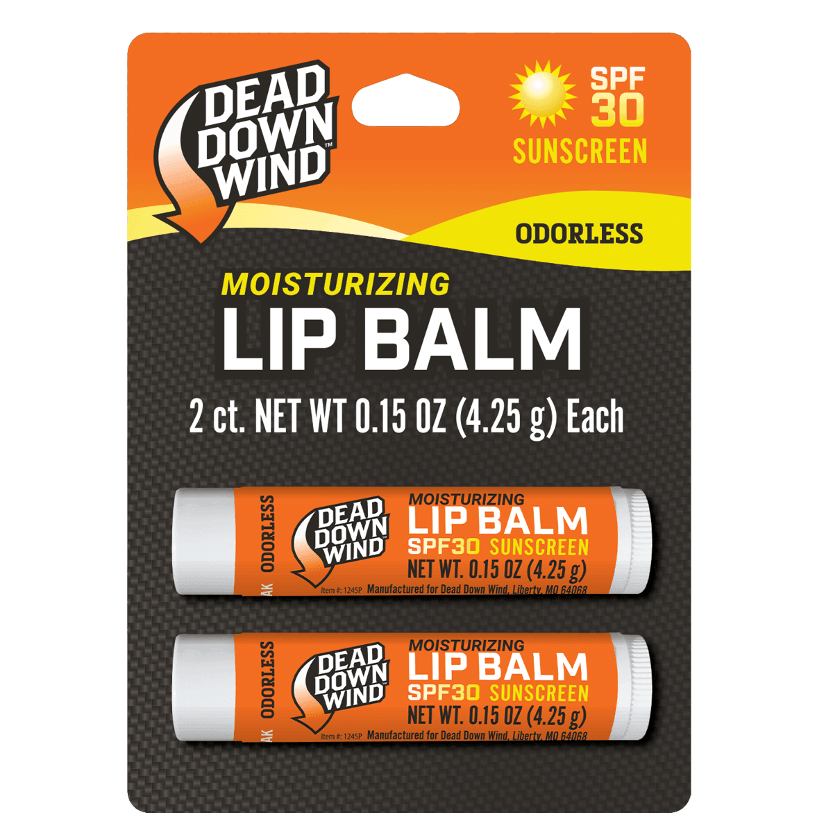 Dead Down Wind SPF 30 moisturizing lip balm 2-pack in orange packaging, odorless sunscreen
