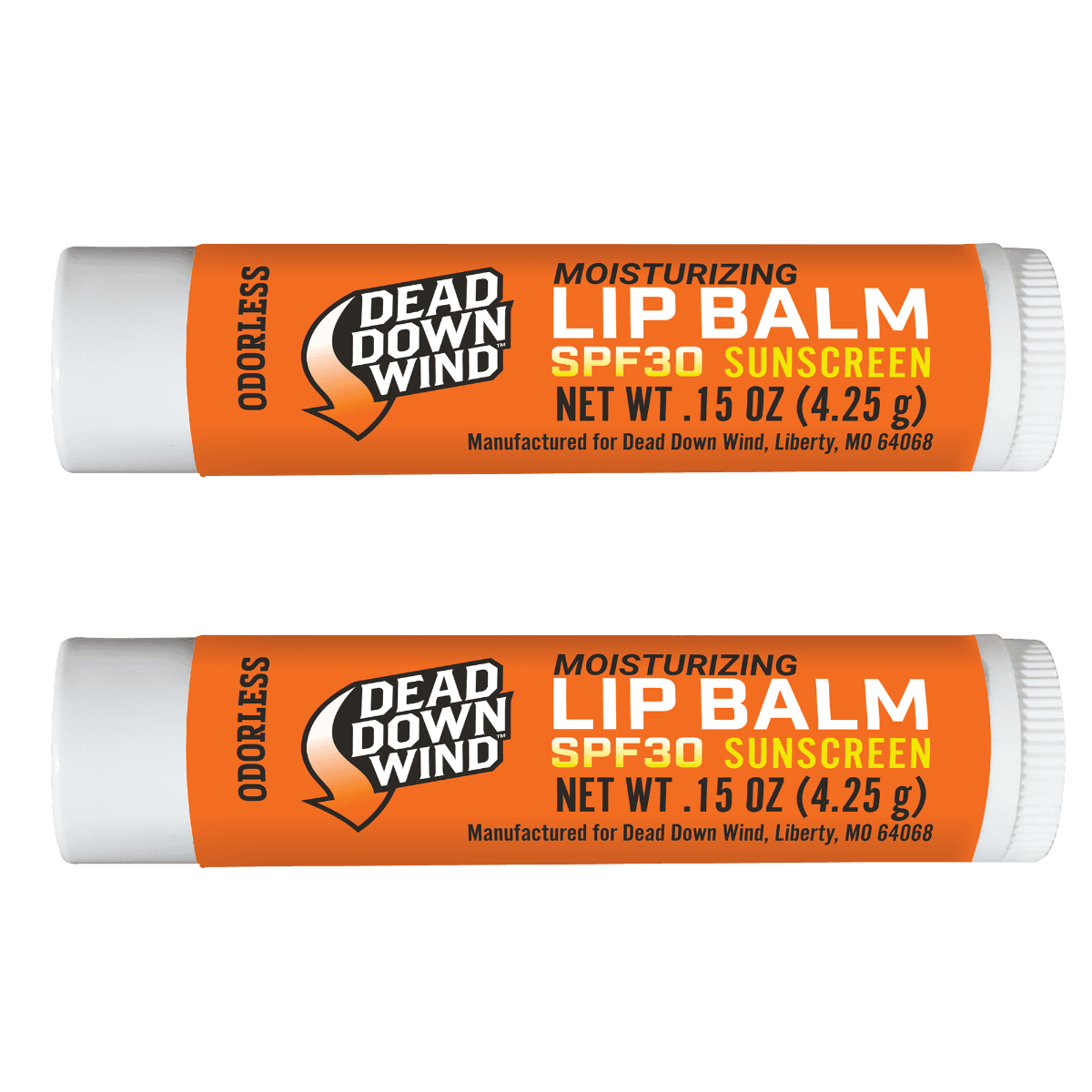 Dead Down Wind SPF 30 moisturizing lip balm 2 pack, orange tubes, odorless sunscreen