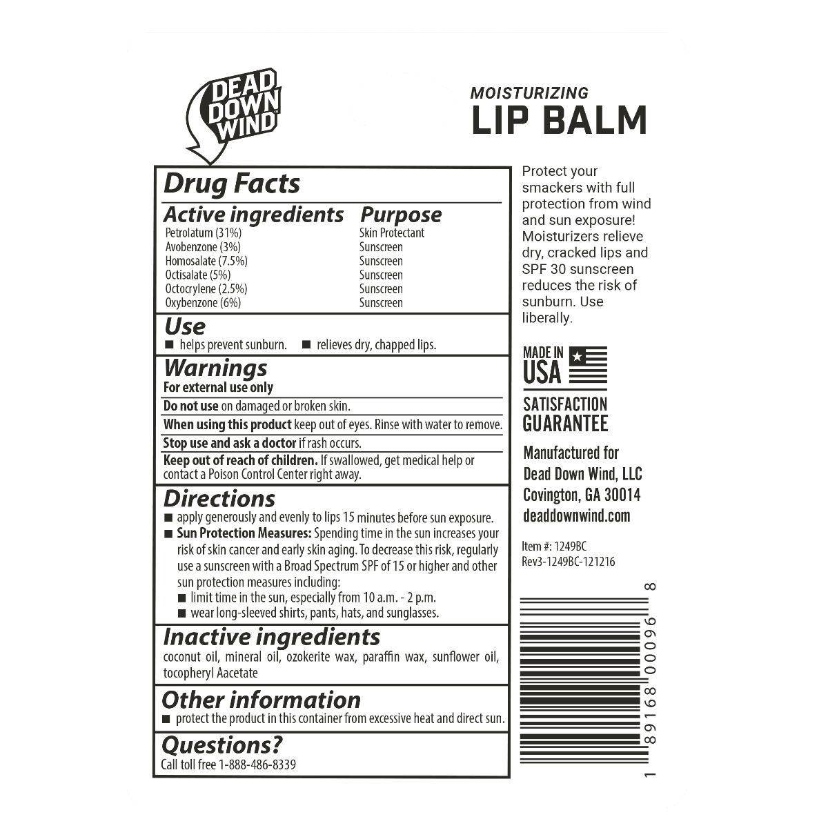 Dead Down Wind SPF 30 lip balm packaging with ingredients, directions, and USA guarantee.