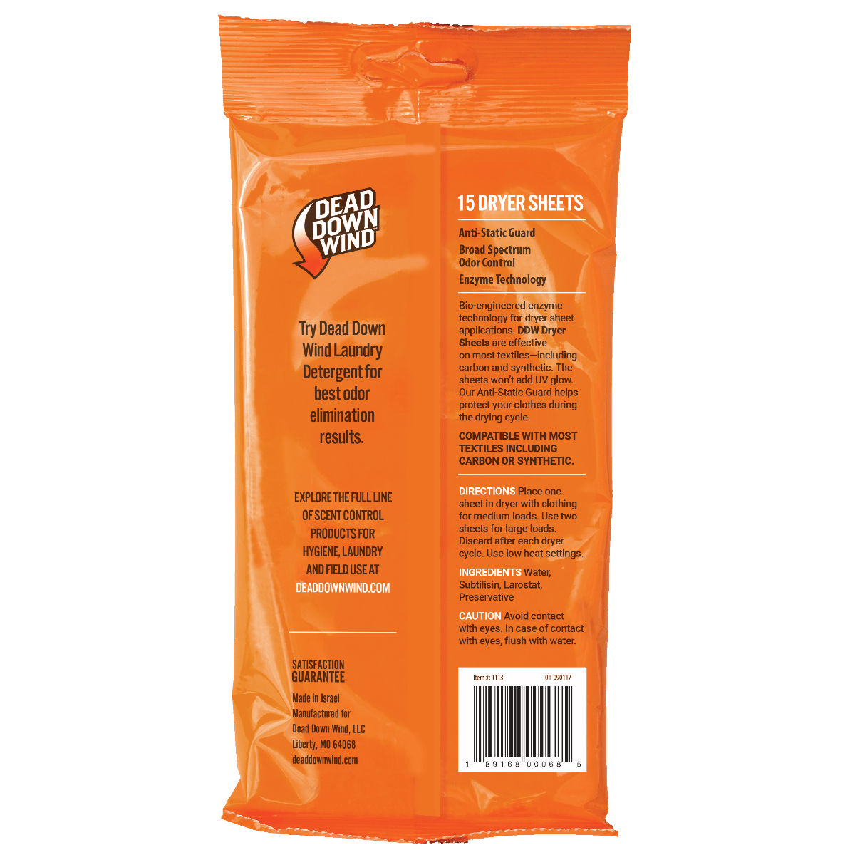 Back of Dead Down Wind dryer sheets orange packaging with product info and barcode visible