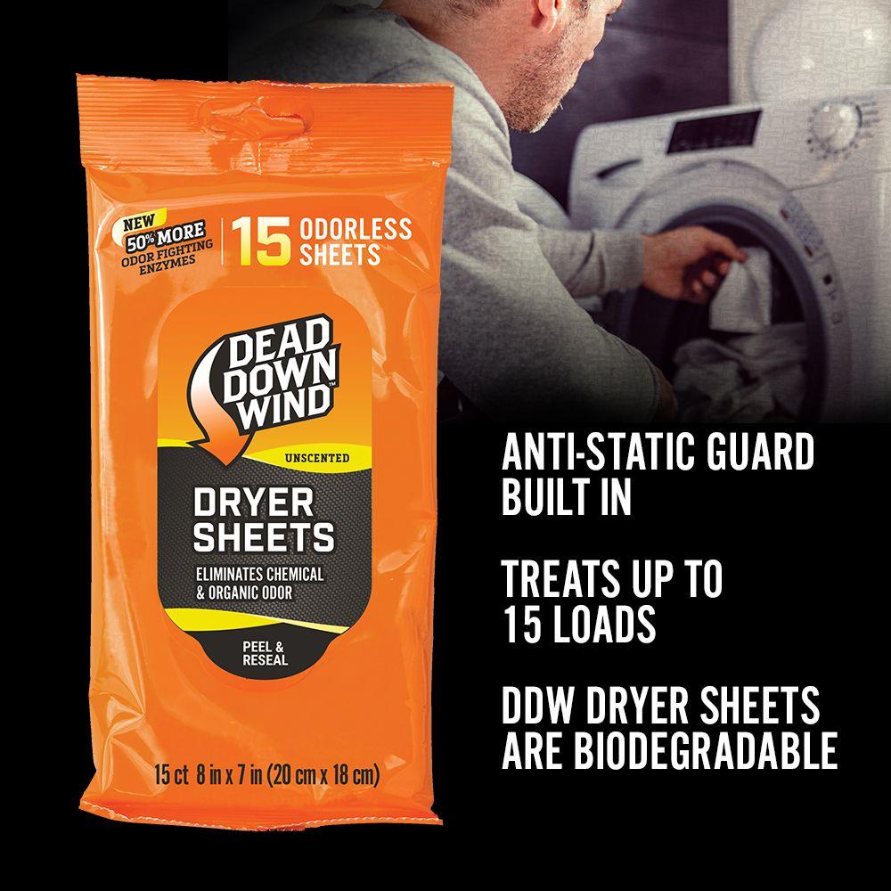 Dead Down Wind dryer sheets package with 15 odorless sheets and laundry machine in use