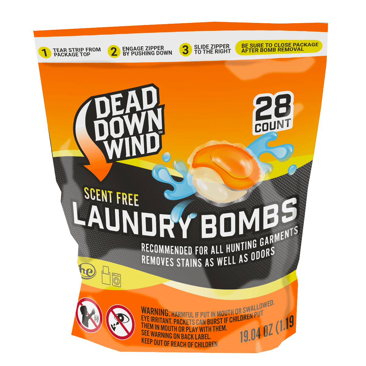 Dead Down Wind scent free laundry bombs 28-pack pouch for hunting garments, bright orange packaging