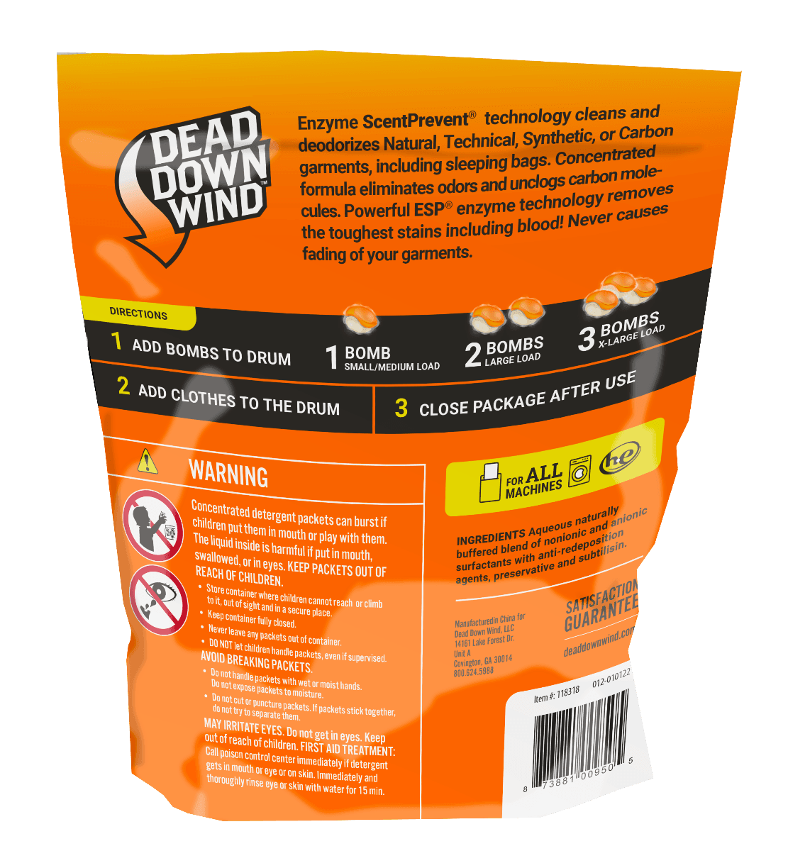 Dead Down Wind Laundry Bombs 28-pack orange resealable pouch with usage instructions