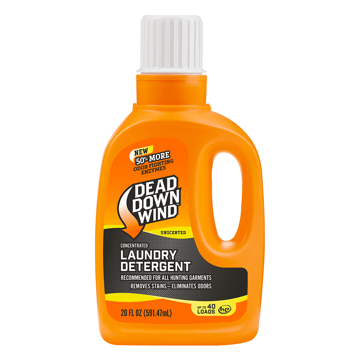 Dead Down Wind concentrated laundry detergent bottle, unscented, 20 fl oz, orange packaging
