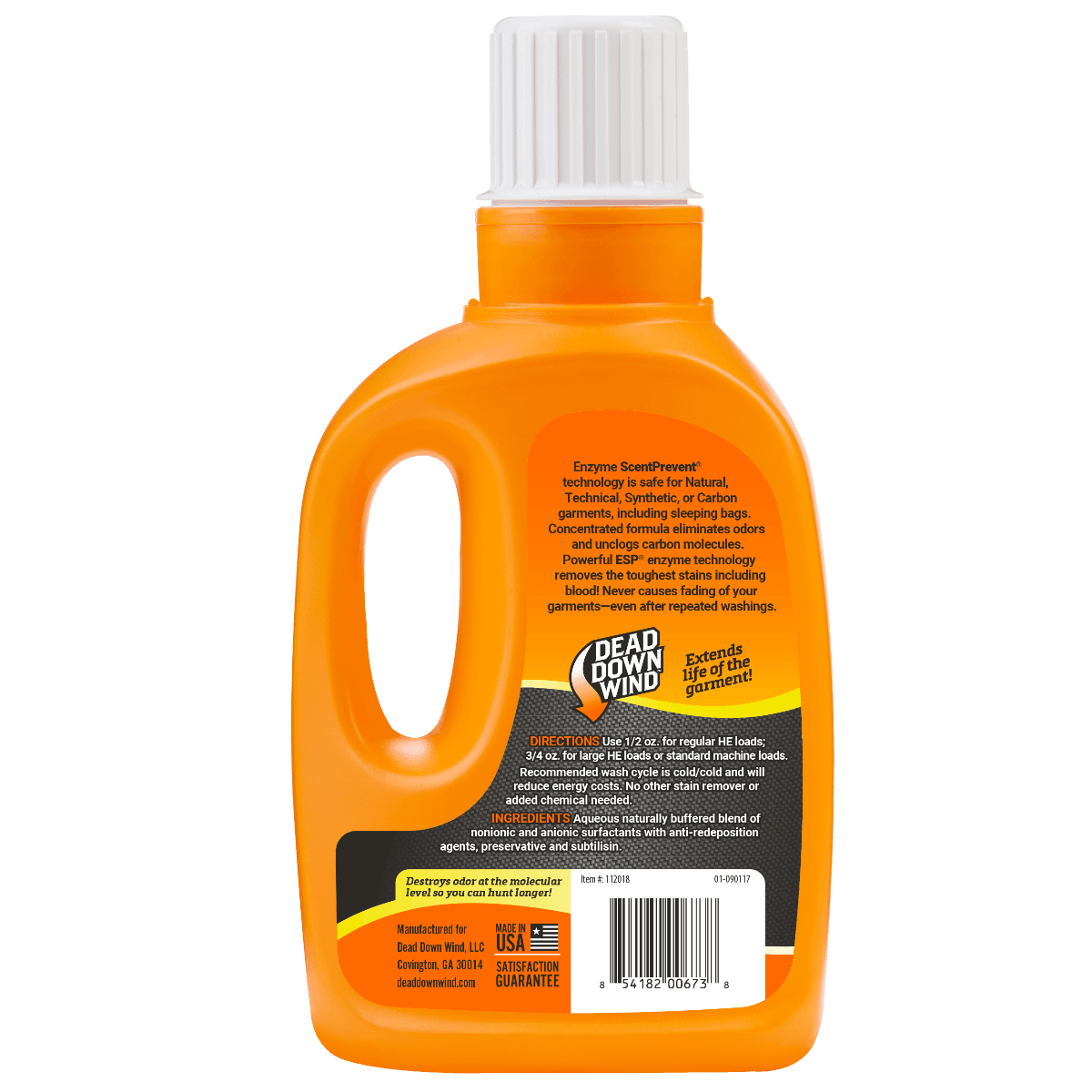 Dead Down Wind laundry detergent bottle with orange packaging and product information label