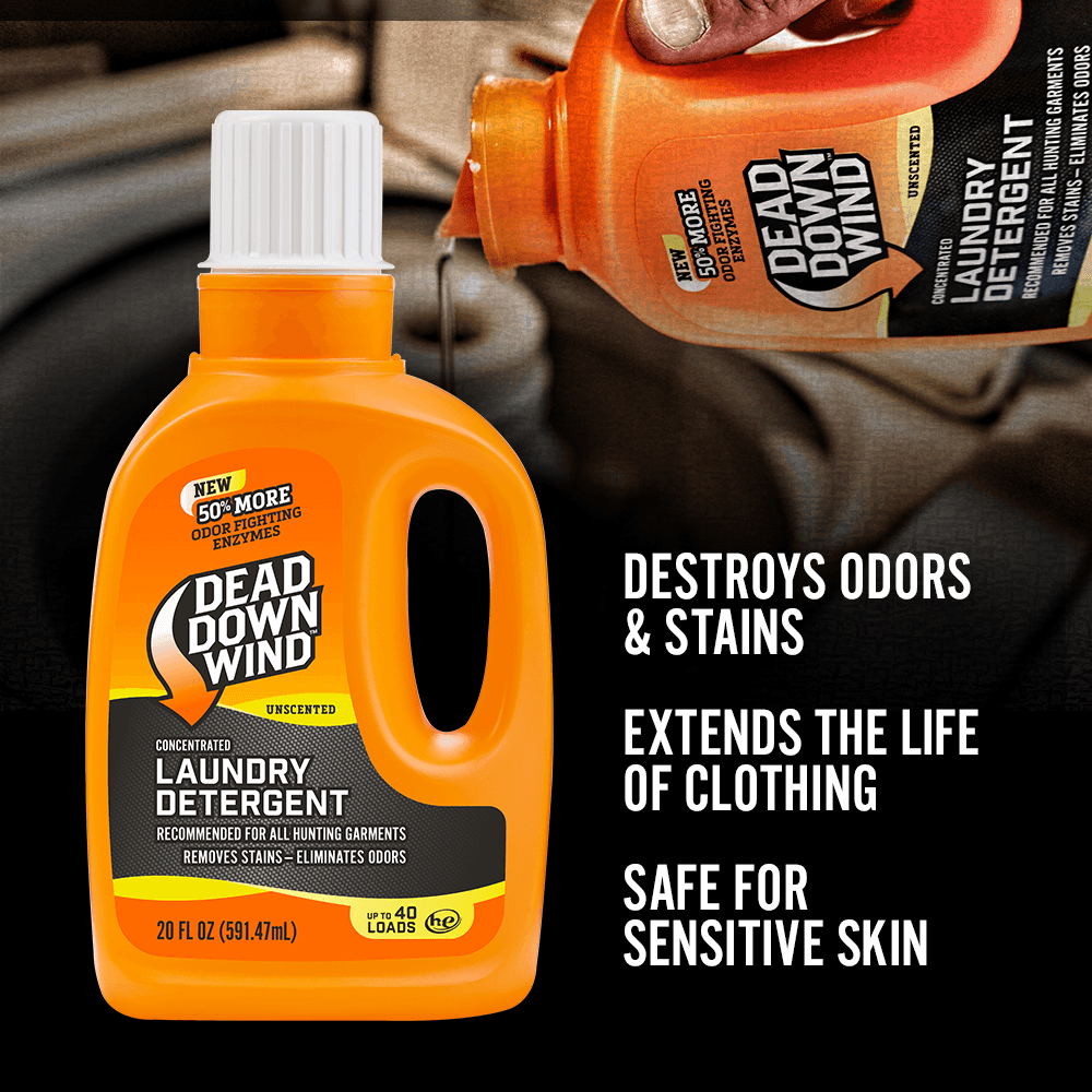 Dead Down Wind concentrated laundry detergent bottle, orange, for odor removal and hunting apparel.