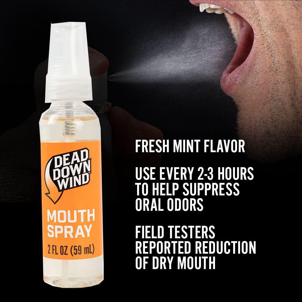 Dead Down Wind mouth spray bottle with a person spraying into open mouth, fresh mint flavor