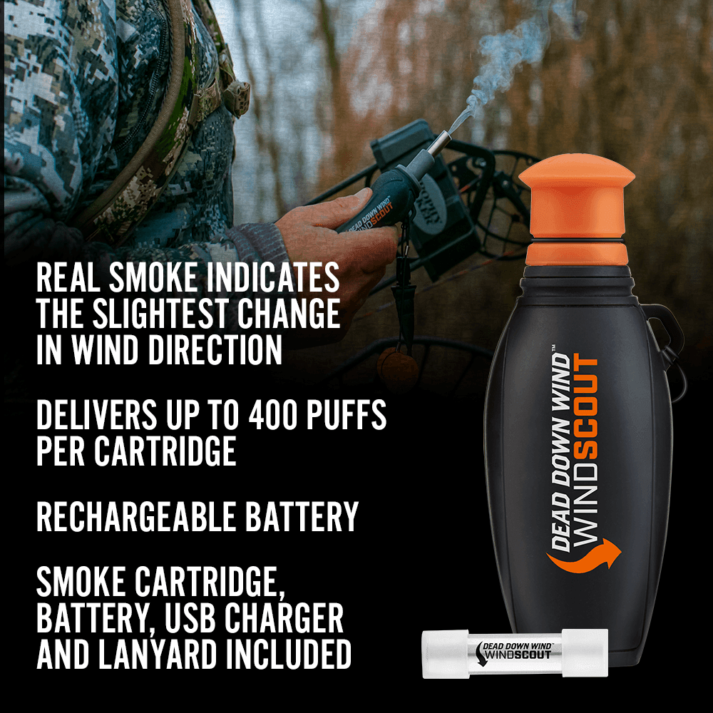 Dead Down Wind WindScout wind checker device emitting smoke, hunter in camo, product features listed