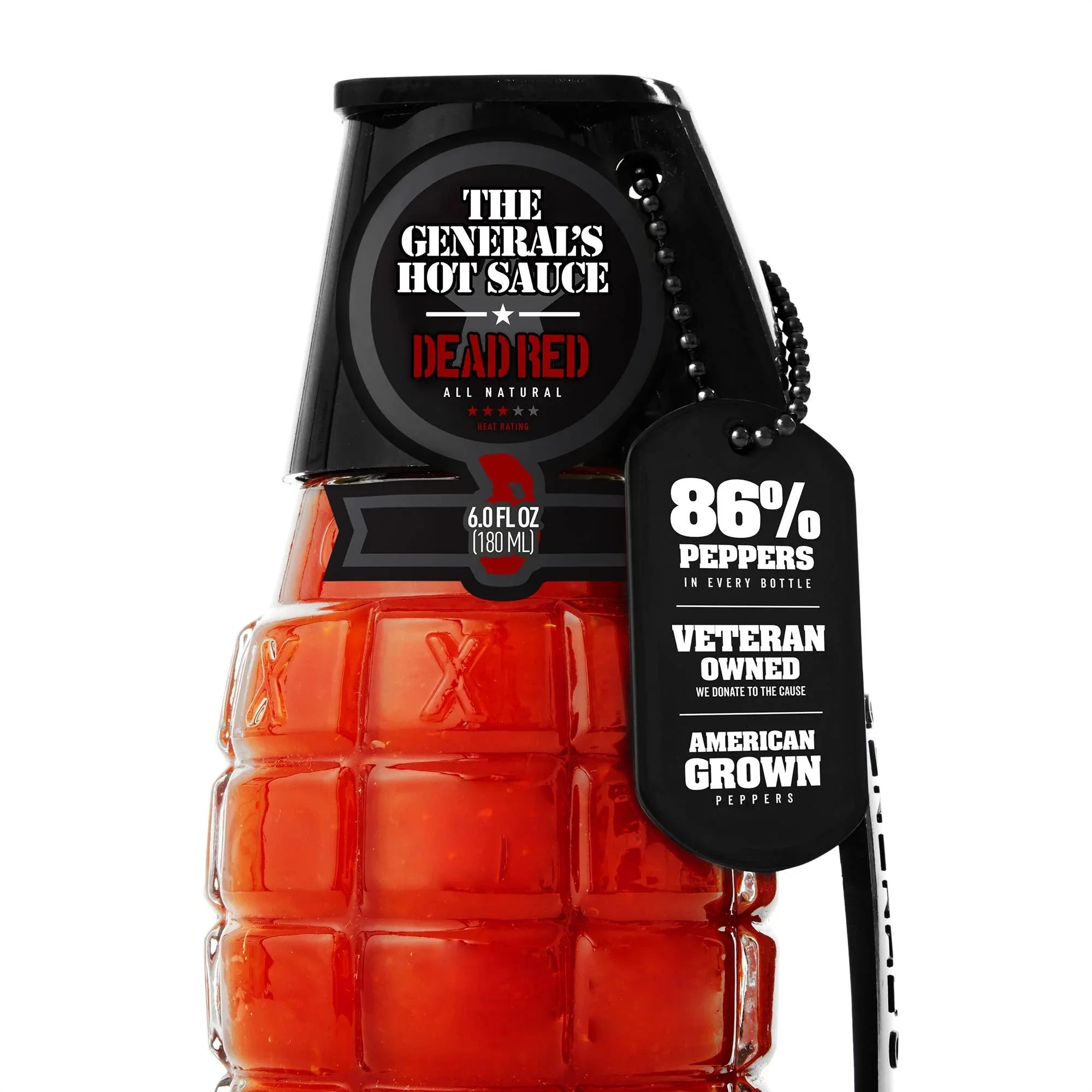 The General's Hot Sauce Dead Red bottle shaped like a grenade, 86% peppers, veteran owned