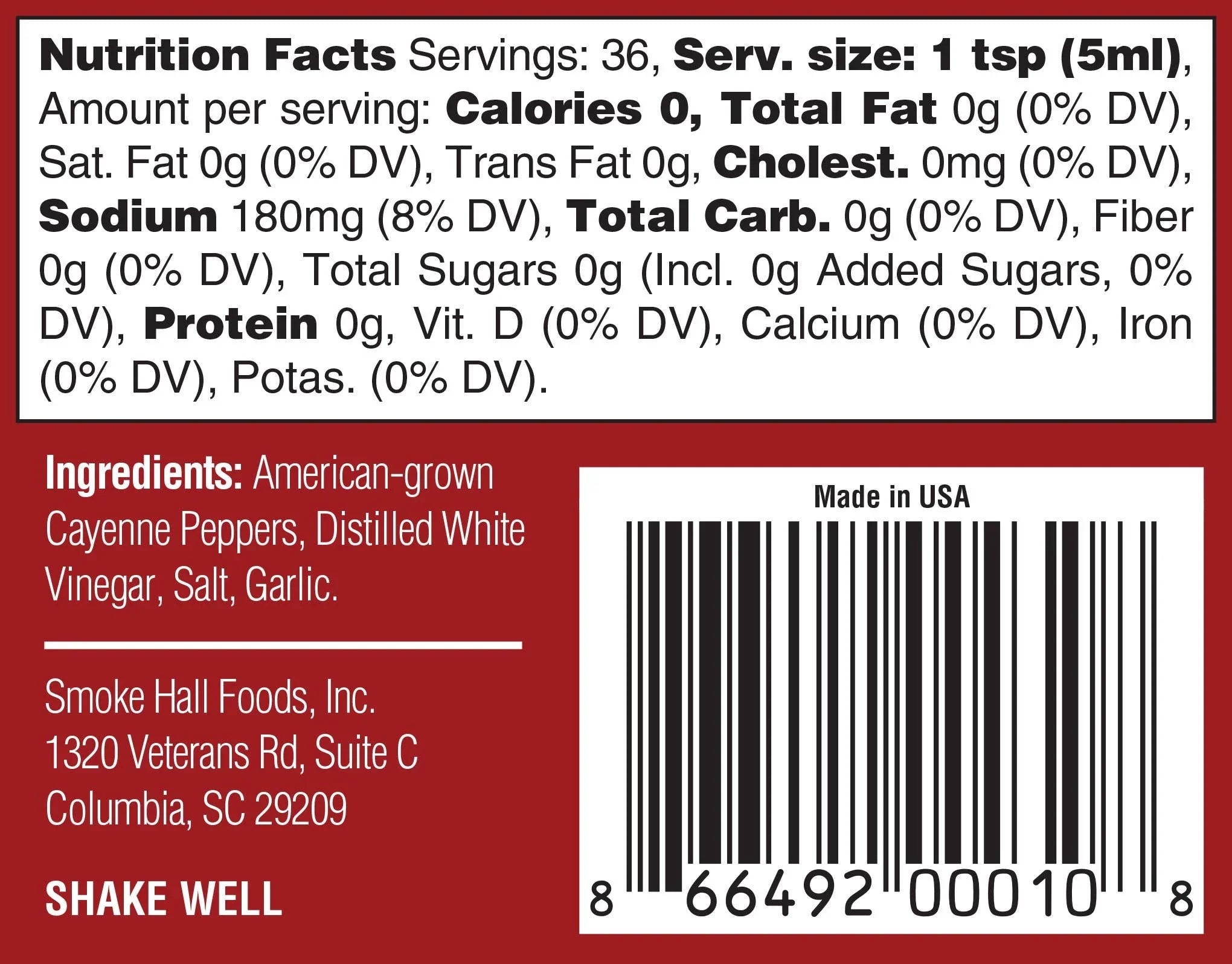 Hot sauce nutrition facts and ingredients label with barcode, cayenne peppers, made in USA