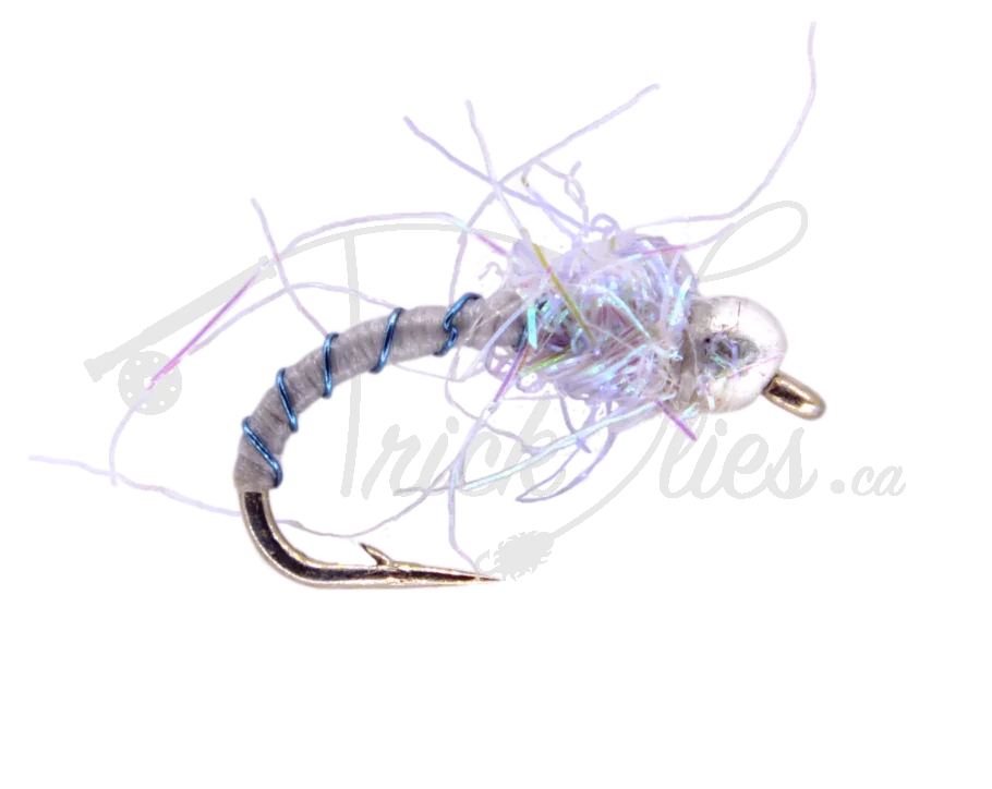 Deep Blue Poison Tung fishing fly with metallic bead head and iridescent body details