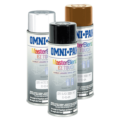 Three Omni-Pak MasterBlend EZ Touch spray paint cans in black, white, and brown colors.
