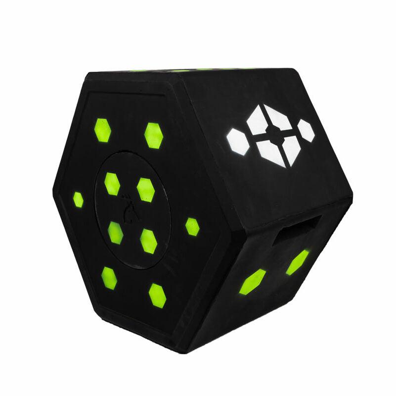 Black foam hexagonal fitness plyo box with green and white hexagon cutouts