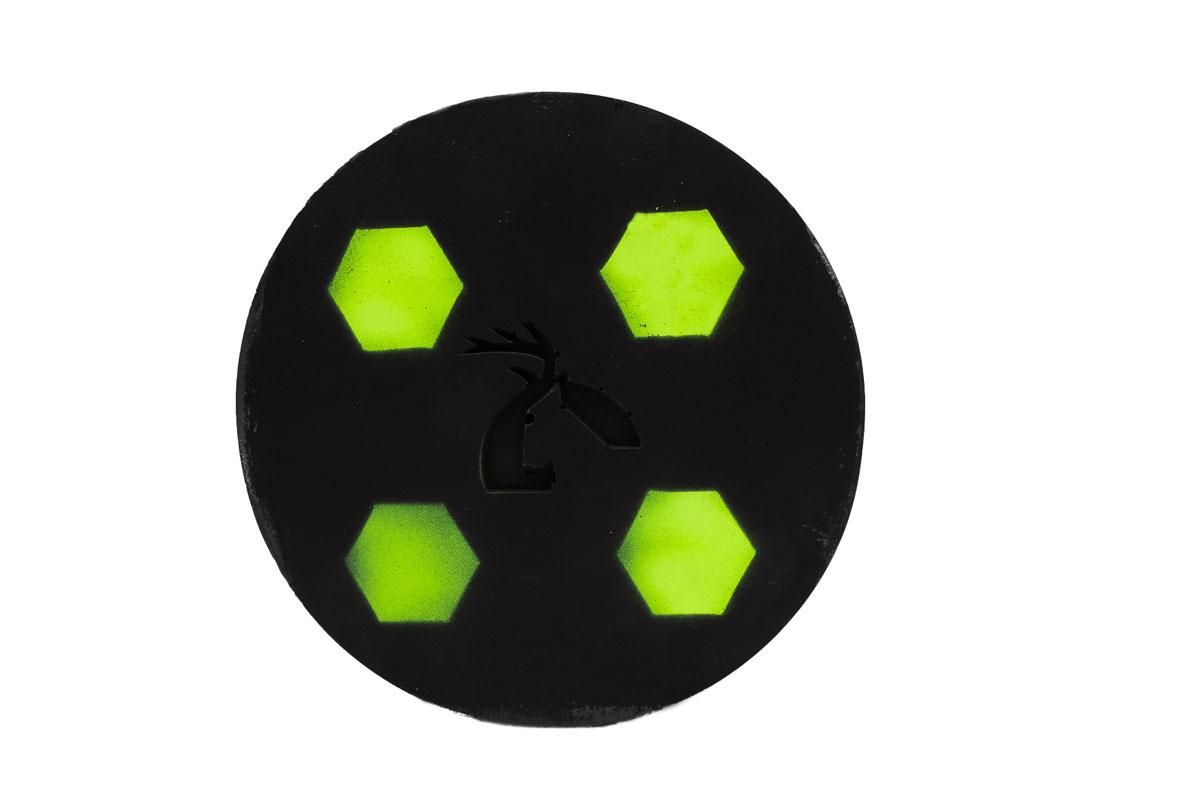 Black round archery target core with four green hexagon targets and deer head cutout