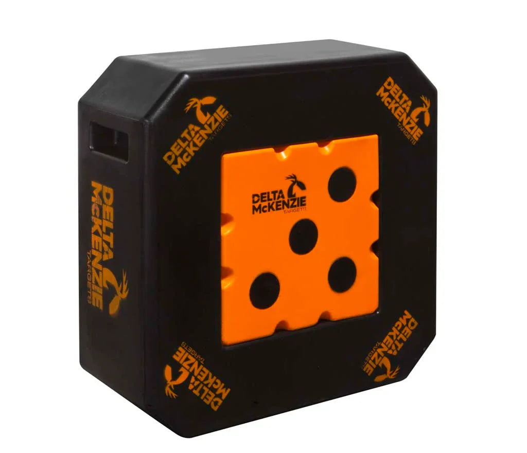 Delta McKenzie Predator archery target block, black frame with orange dotted center.