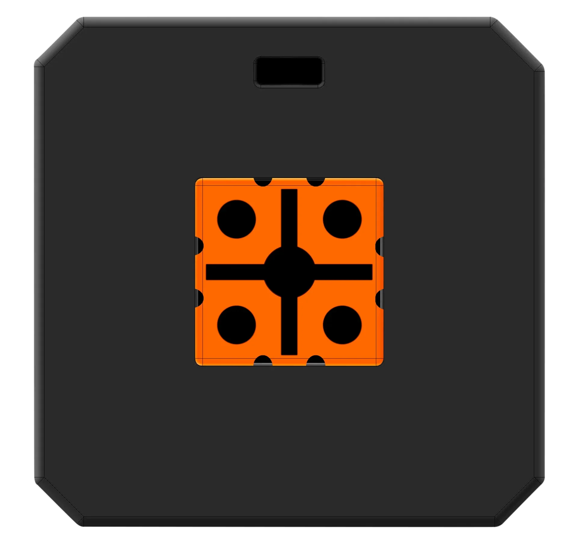 Black archery target block with orange bullseye and dot pattern center, square shape