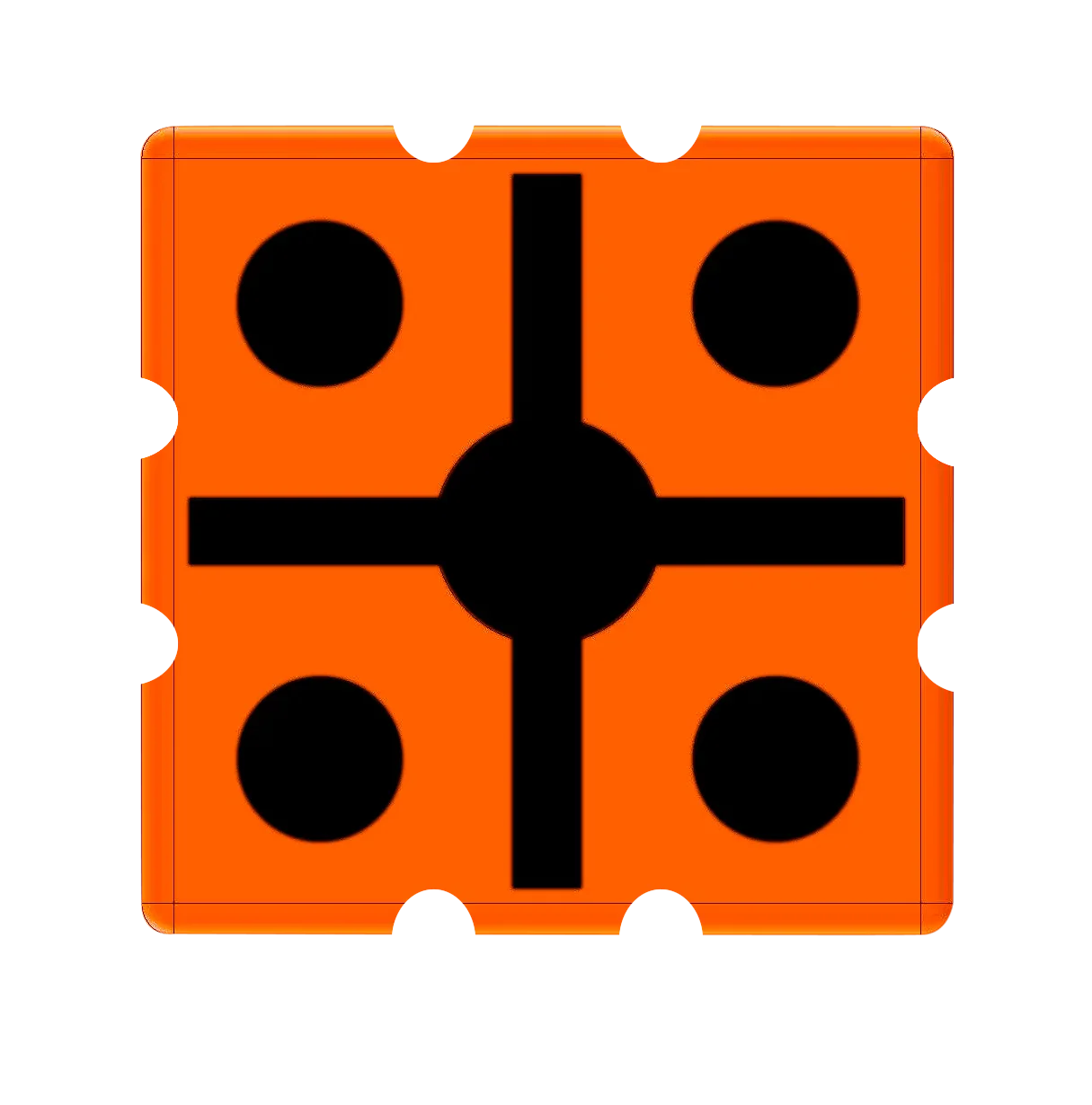 Orange square target marker with black cross lines and four circular dots