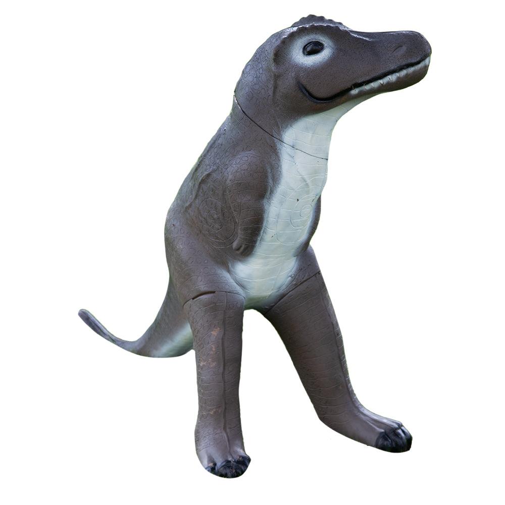 Gray dinosaur toy figure on a white background, lifelike texture and upright pose