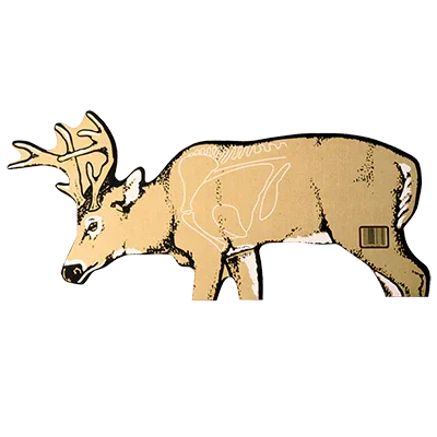 Cardboard deer target with antlers, bone outline and barcode for archery practice.
