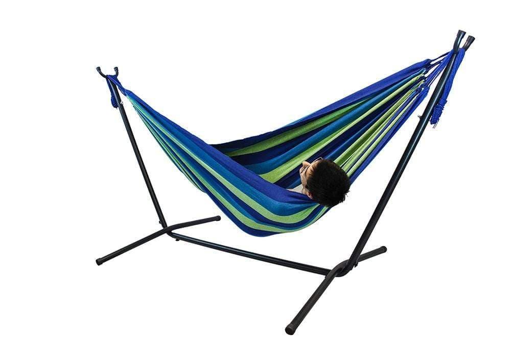 Brazilian double hammock with blue and green stripes on a universal black metal stand
