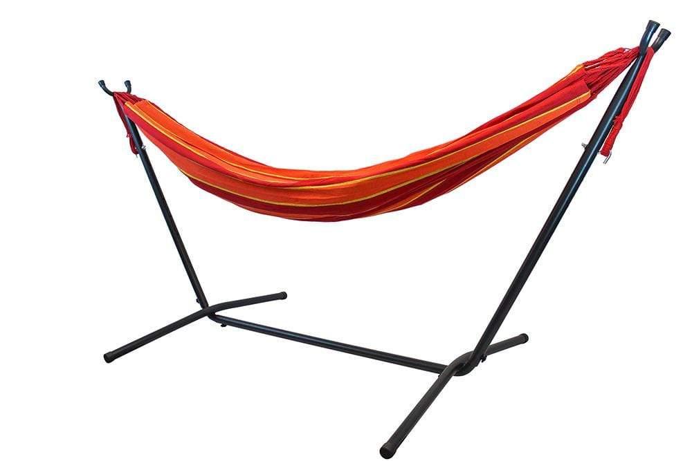 Red orange yellow striped double hammock with black metal stand on white background