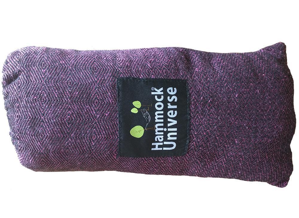Pink and black Brazilian hammock packed in a fabric bag labeled Hammock Universe